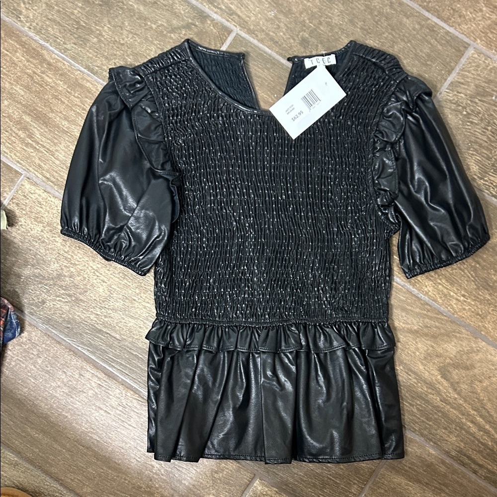 TCEC Black Textured Ruffle Blouse